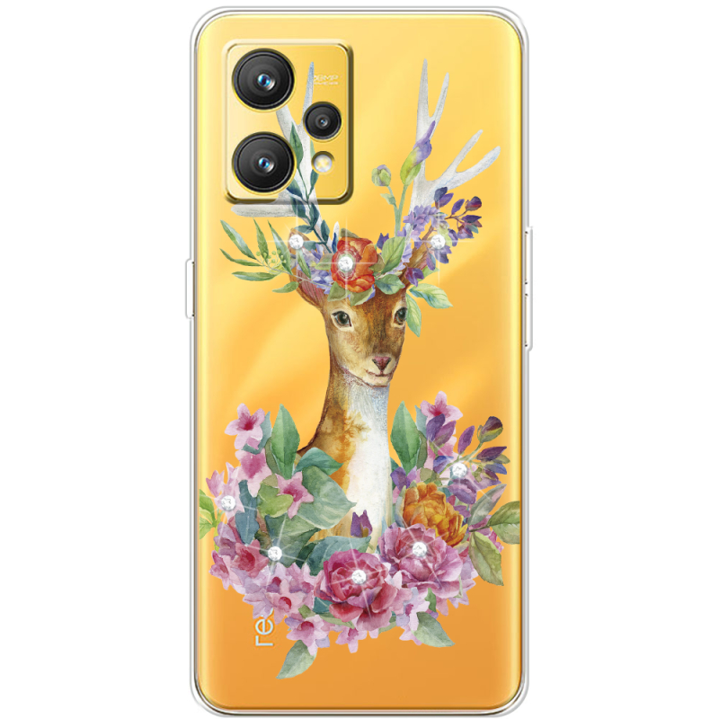 Чехол со стразами Realme 9 Deer with flowers