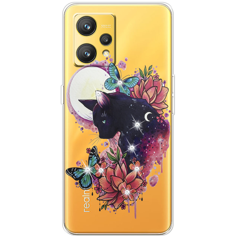 Чехол со стразами Realme 9 Cat in Flowers