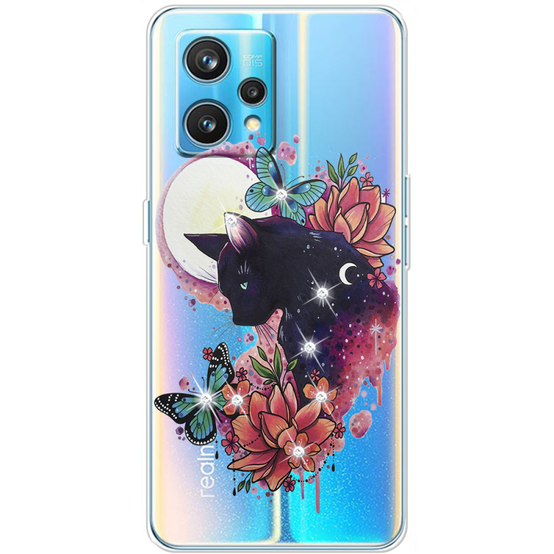 Чехол со стразами Realme 9 Pro Plus Cat in Flowers