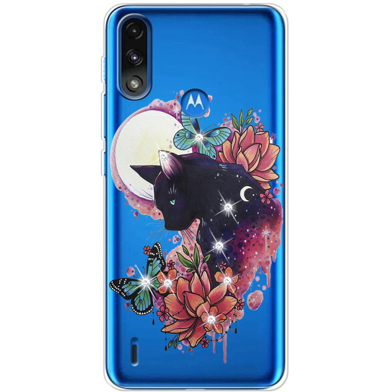 Чехол со стразами Motorola E7 Power Cat in Flowers