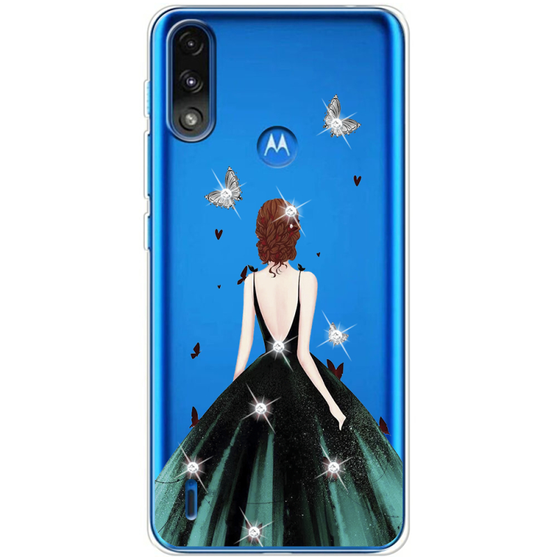 Чехол со стразами Motorola E7 Power Girl in the green dress