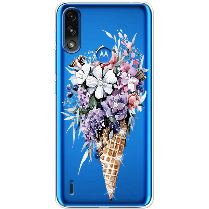 Чехол со стразами Motorola E7 Power Ice Cream Flowers
