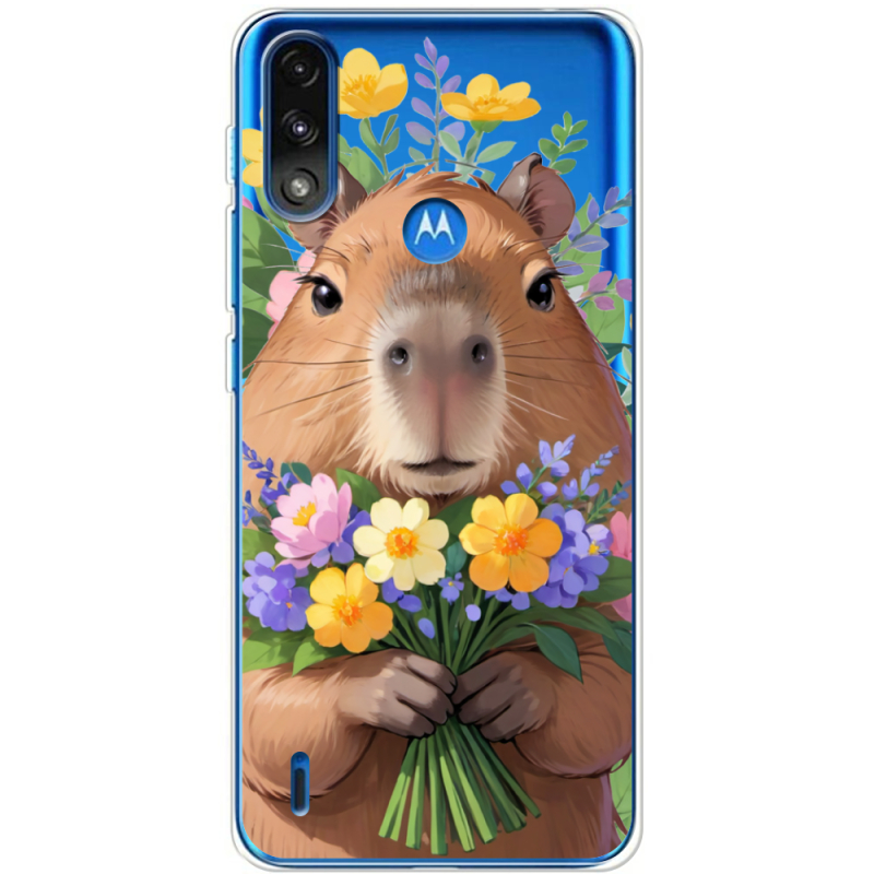 Прозрачный чехол BoxFace Motorola E7i Power Капибара з квітами