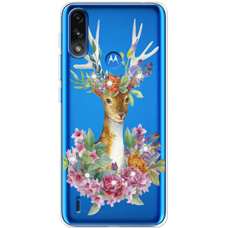 Чехол со стразами Motorola E7i Power Deer with flowers