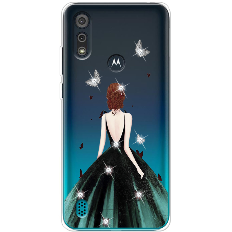 Чехол со стразами Motorola E6i Girl in the green dress