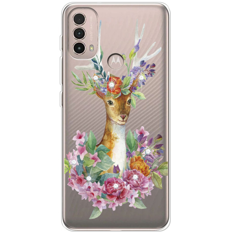 Чехол со стразами Motorola E40 Deer with flowers