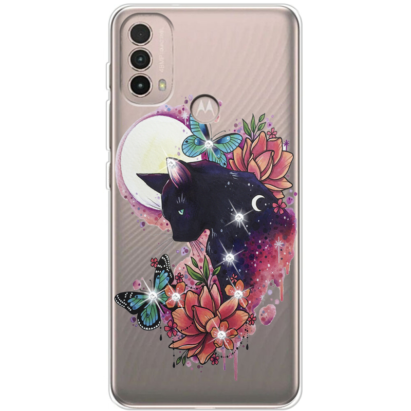 Чехол со стразами Motorola E40 Cat in Flowers