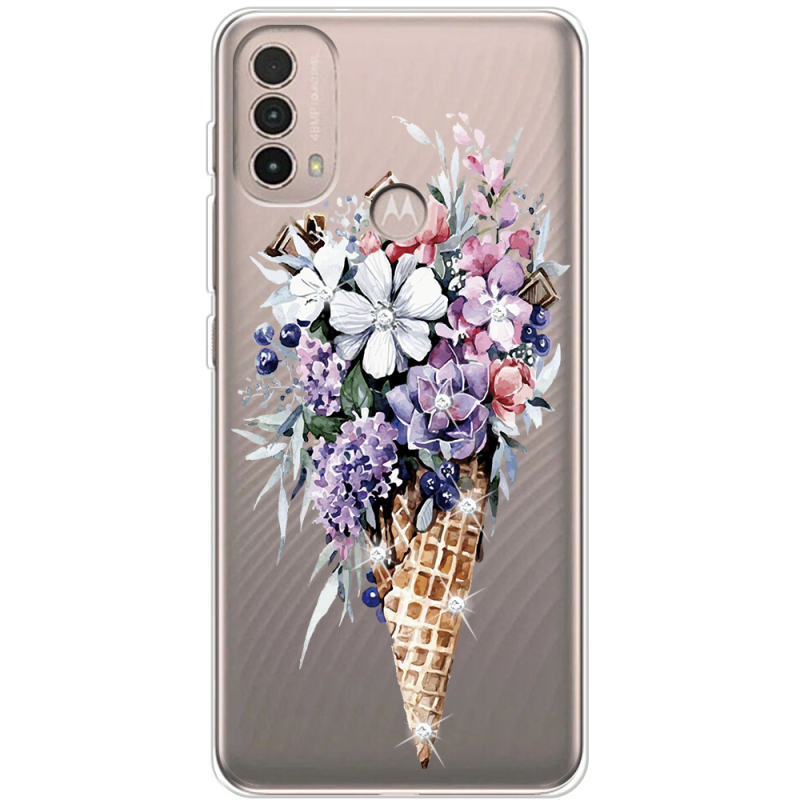 Чехол со стразами Motorola E40 Ice Cream Flowers