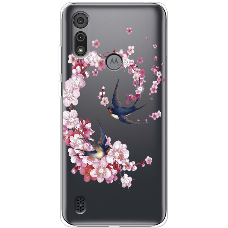 Чехол со стразами Motorola E6S Swallows and Bloom