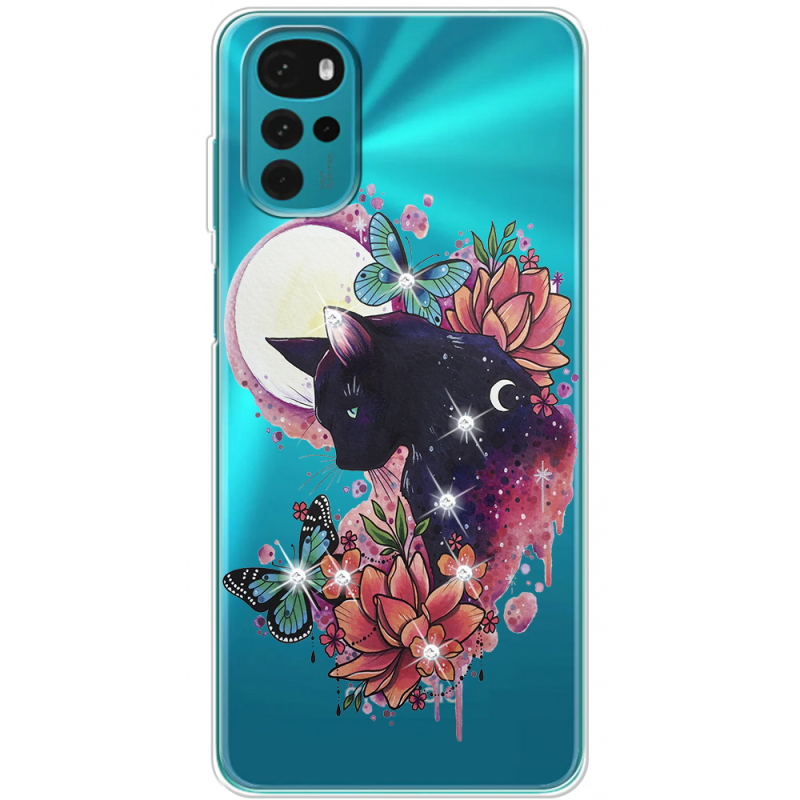 Чехол со стразами Motorola G22 Cat in Flowers