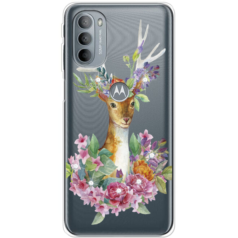 Чехол со стразами Motorola G31 Deer with flowers