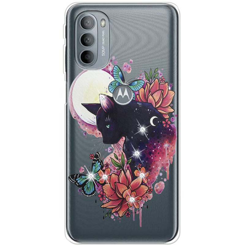 Чехол со стразами Motorola G31 Cat in Flowers