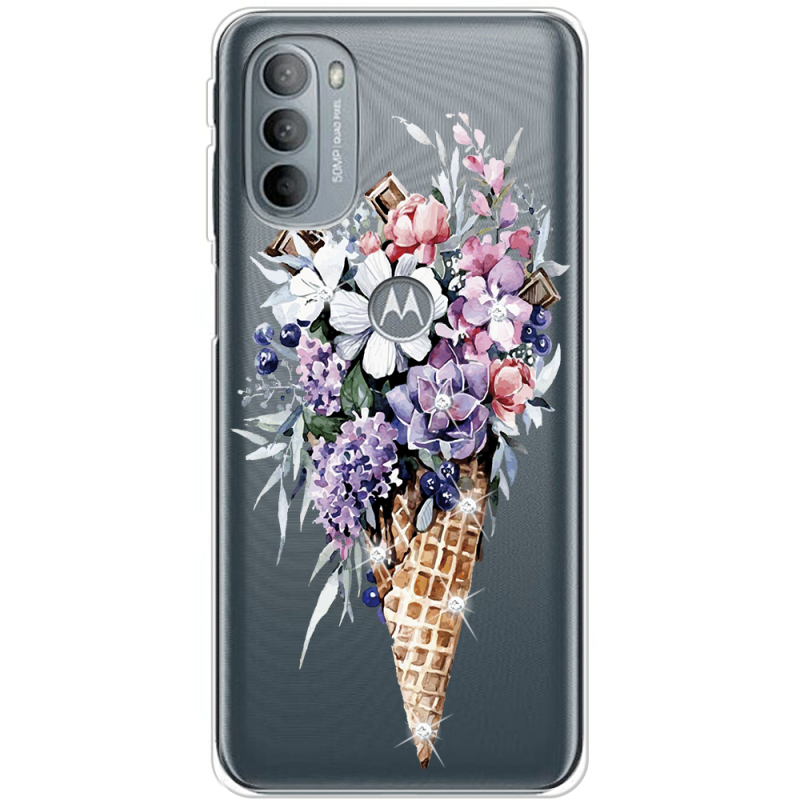 Чехол со стразами Motorola G31 Ice Cream Flowers