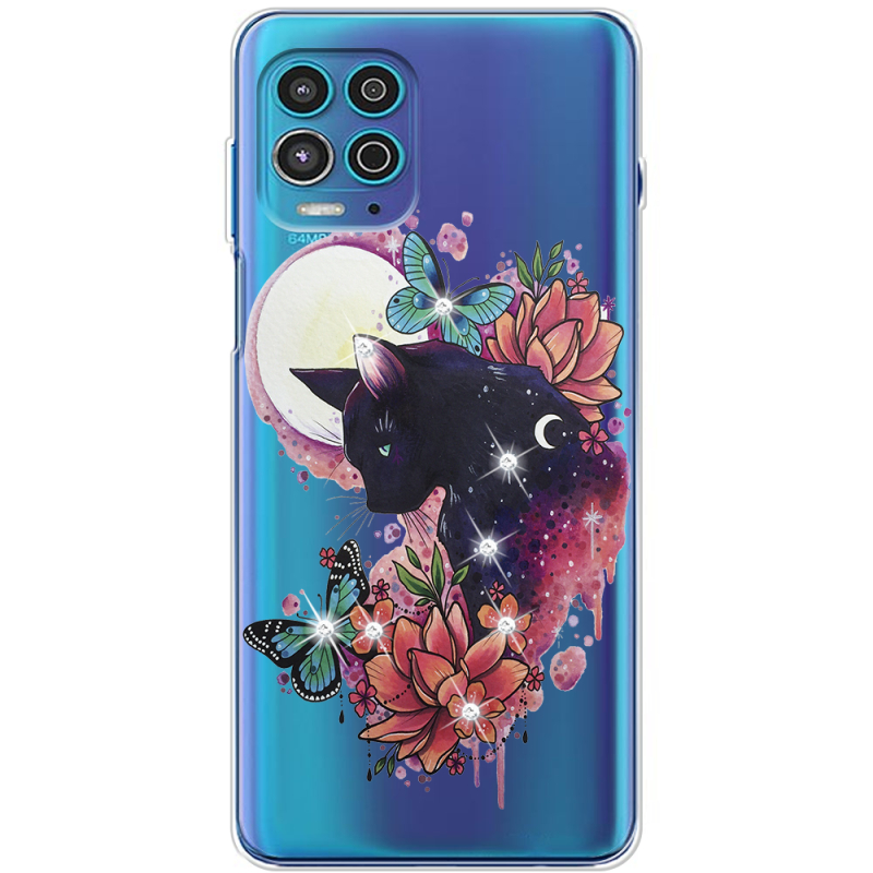 Чехол со стразами Motorola G100 Cat in Flowers