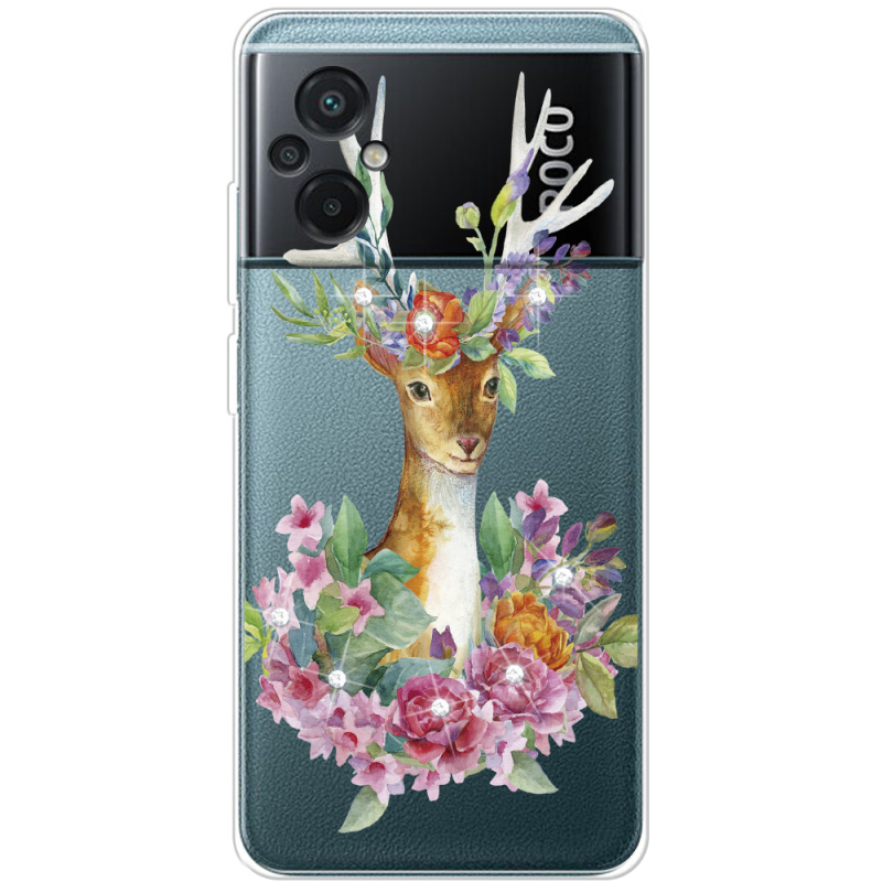 Чехол со стразами Xiaomi Poco M5 Deer with flowers