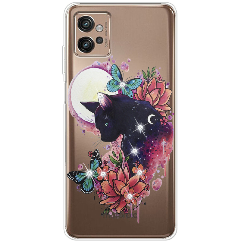 Чехол со стразами Motorola G32 Cat in Flowers