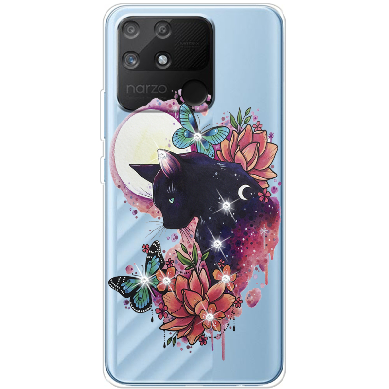 Чехол со стразами Realme Narzo 50A Cat in Flowers