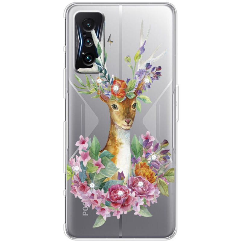 Чехол со стразами Poco F4 GT Deer with flowers