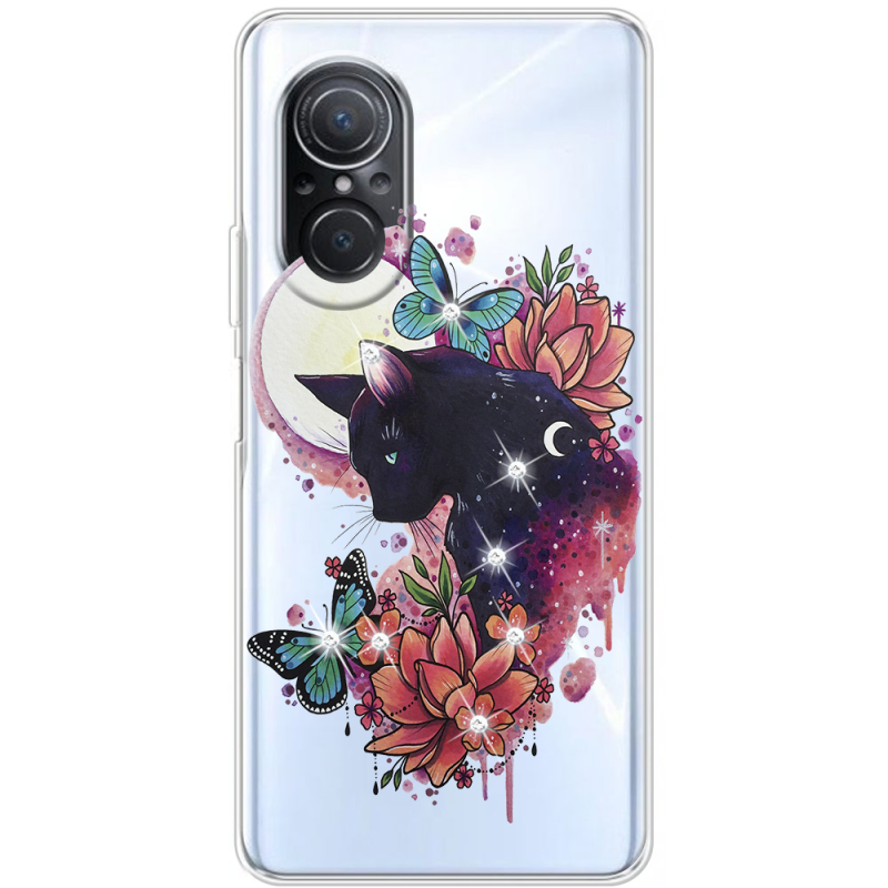 Чехол со стразами Huawei Nova 9 SE Cat in Flowers