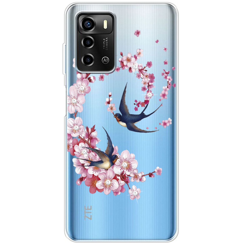 Чехол со стразами ZTE Blade A72 Swallows and Bloom