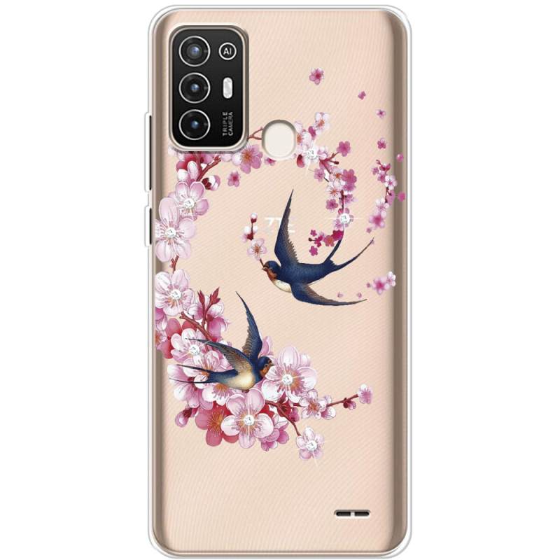 Чехол со стразами ZTE Blade A52 Swallows and Bloom