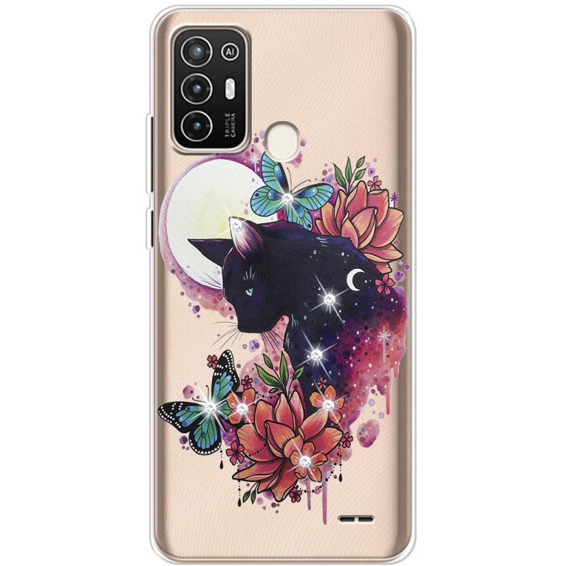 Чехол со стразами ZTE Blade A52 Cat in Flowers