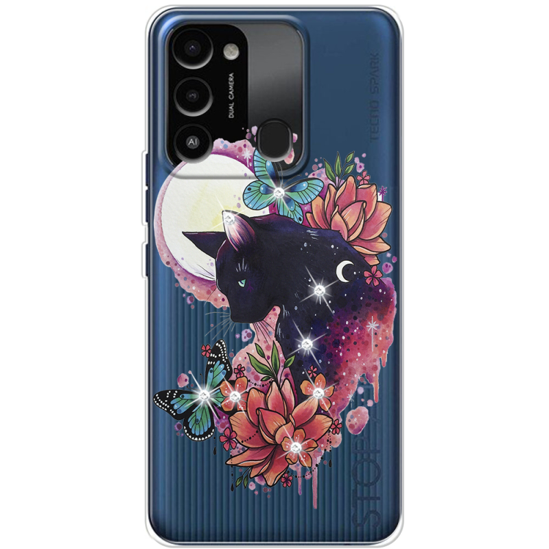 Чехол со стразами BoxFace Tecno Spark 8C Cat in Flowers