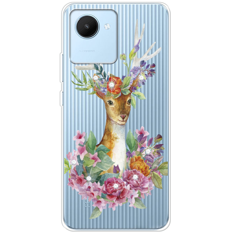 Чехол со стразами Realme C30 Deer with flowers