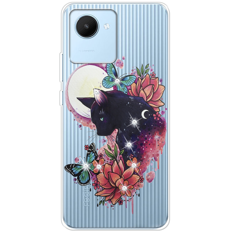 Чехол со стразами Realme C30 Cat in Flowers