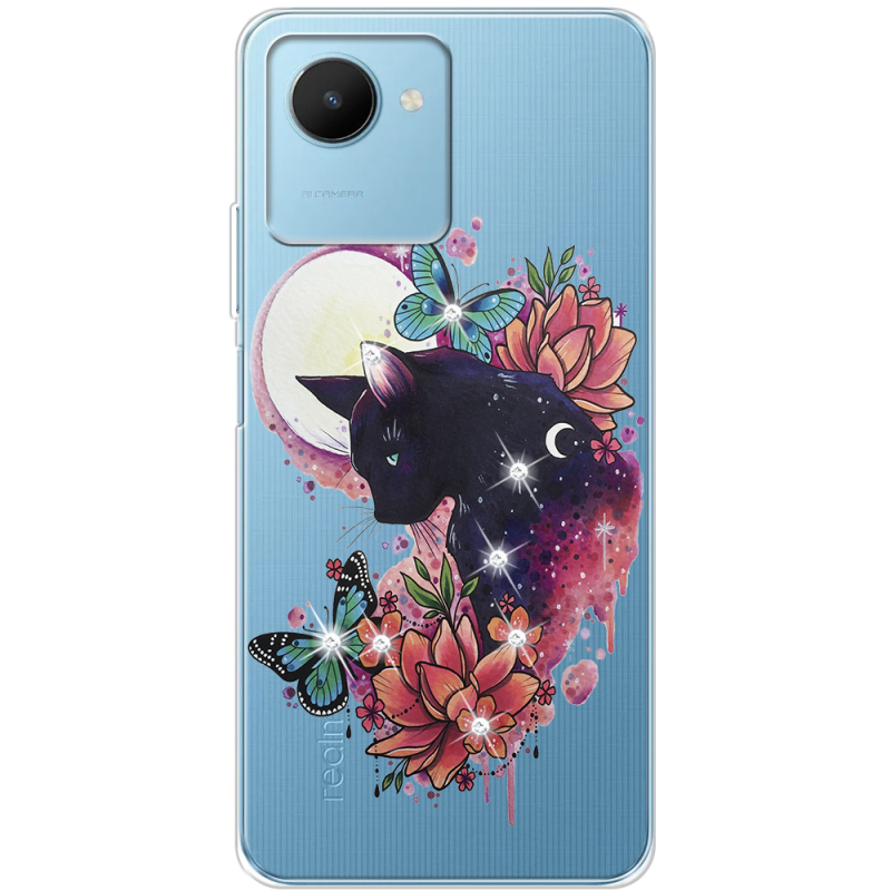 Чехол со стразами Realme C30s Cat in Flowers