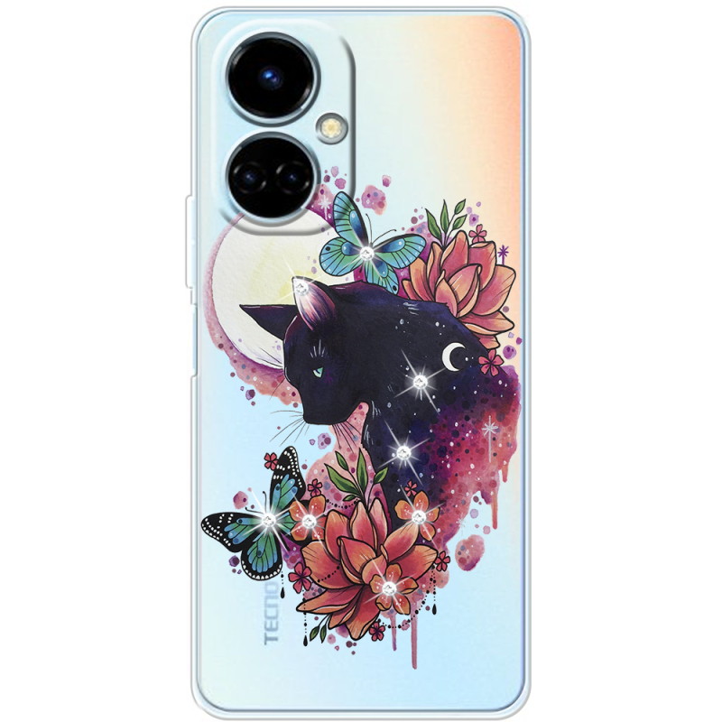 Чехол со стразами BoxFace Tecno Camon 19 / 19 Pro Cat in Flowers