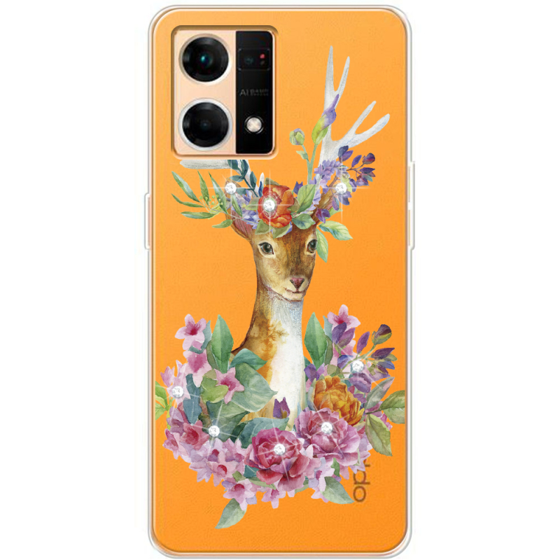 Чехол со стразами OPPO Reno 7 4G Deer with flowers