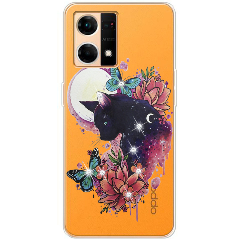 Чехол со стразами OPPO Reno 7 4G Cat in Flowers