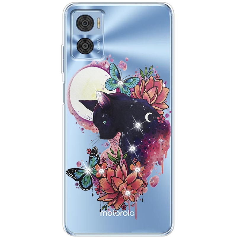 Чехол со стразами Motorola E22/E22i Cat in Flowers