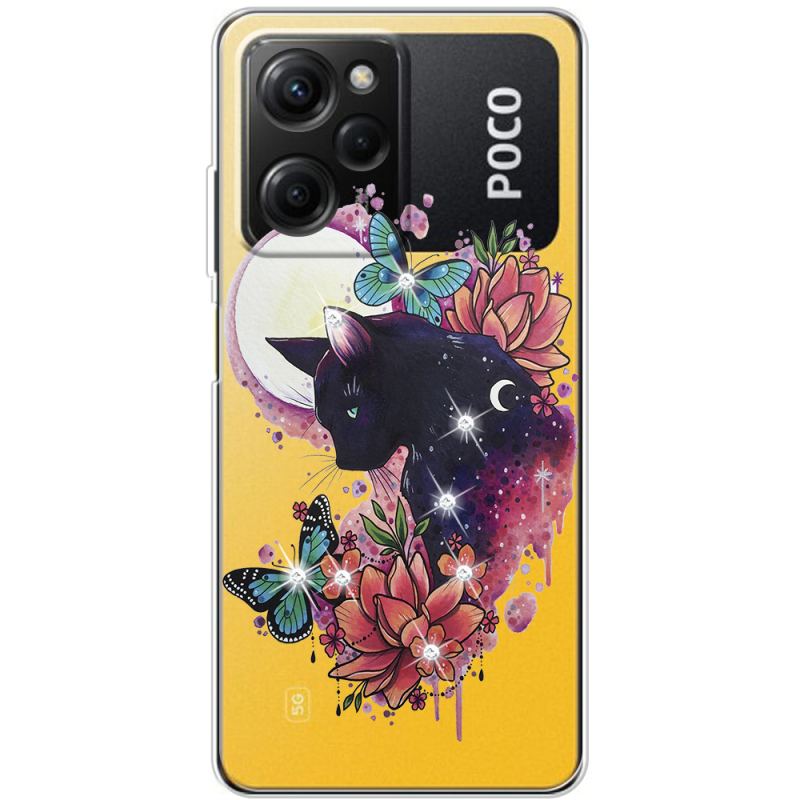 Чехол со стразами Xiaomi Poco X5 Pro 5G Cat in Flowers