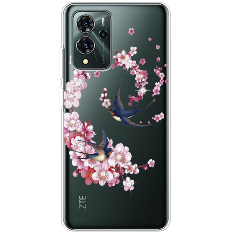 Чехол со стразами ZTE Blade V40 Pro Swallows and Bloom