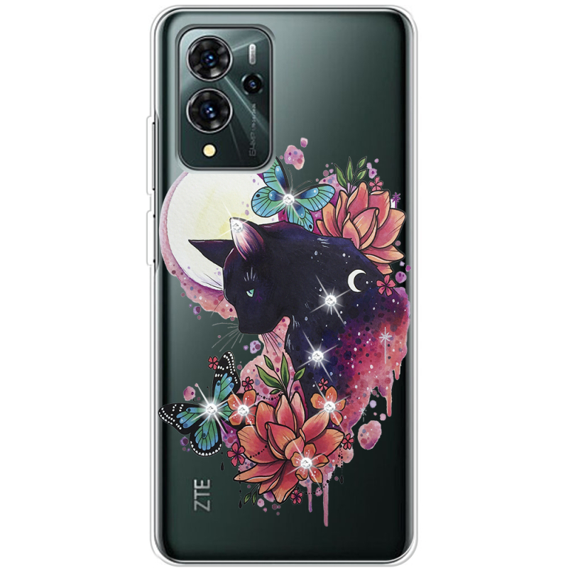 Чехол со стразами ZTE Blade V40 Pro Cat in Flowers