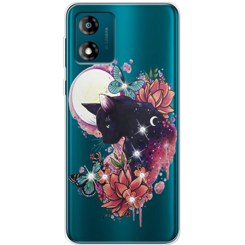 Чехол со стразами Motorola E13 Cat in Flowers