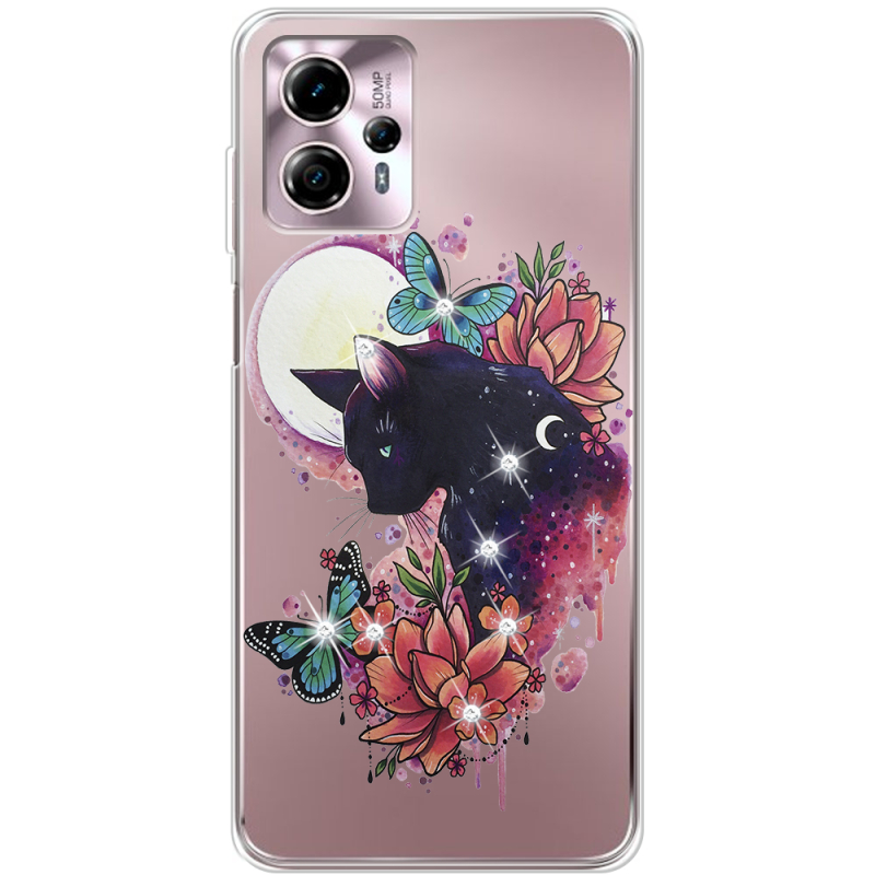 Чехол со стразами Motorola G13 Cat in Flowers