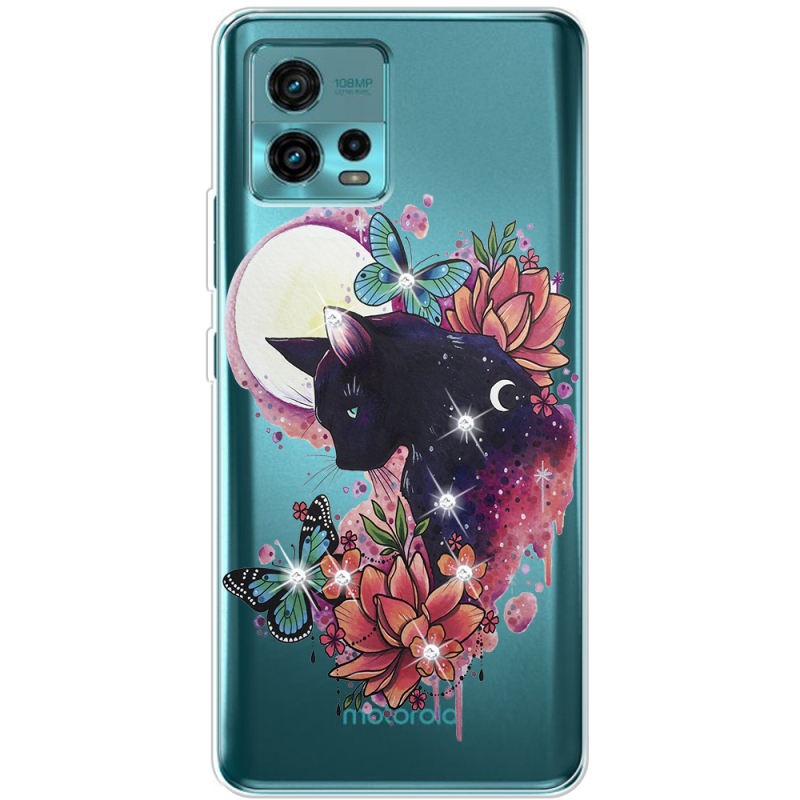 Чехол со стразами Motorola G72 Cat in Flowers