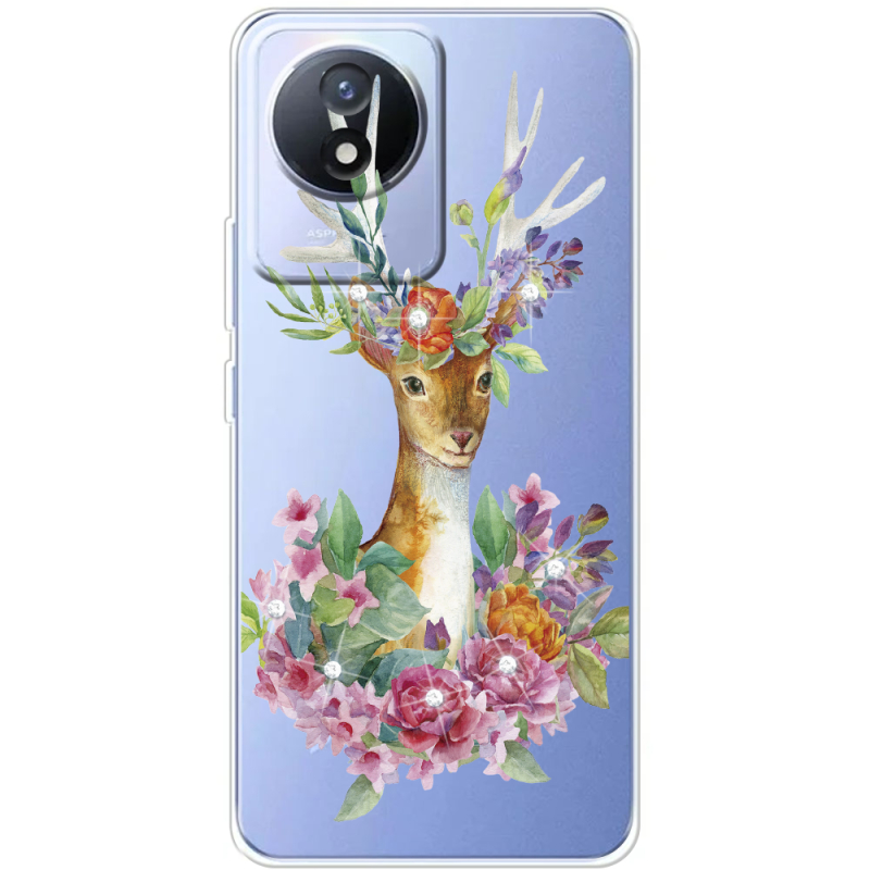 Чехол со стразами Vivo Y02 Deer with flowers