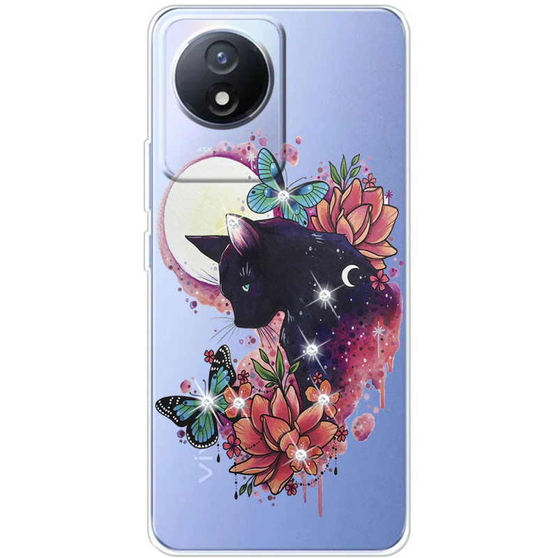 Чехол со стразами Vivo Y02 Cat in Flowers