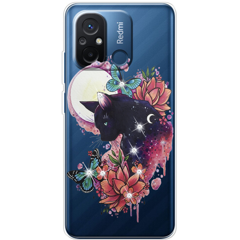 Чехол со стразами Xiaomi Redmi 12C Cat in Flowers