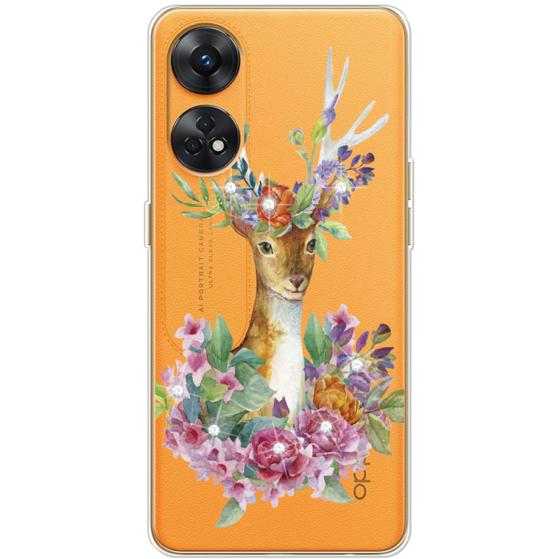 Чехол со стразами OPPO Reno 8T 4G Deer with flowers