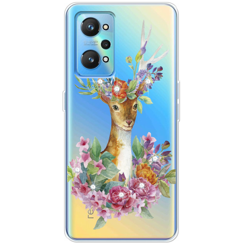 Чехол со стразами Realme GT2 Deer with flowers