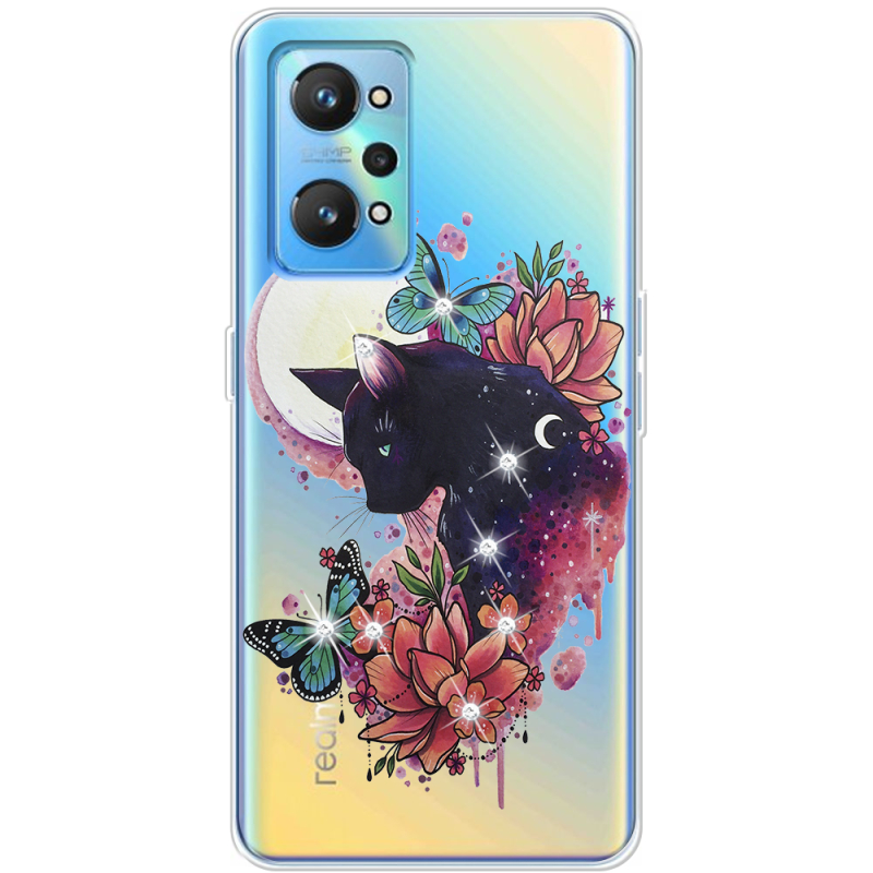 Чехол со стразами Realme GT2 Cat in Flowers