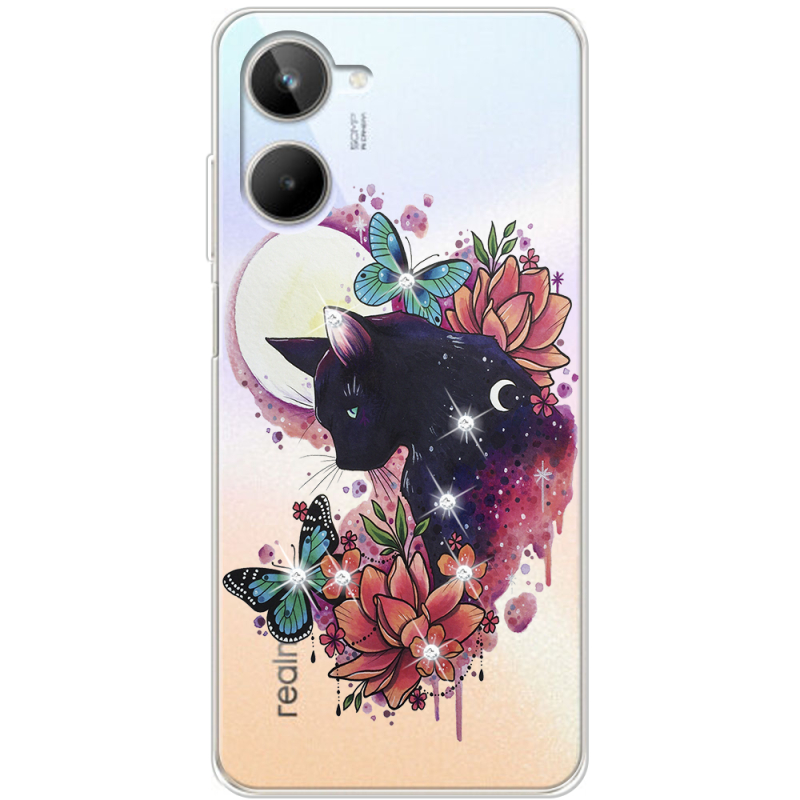 Чехол со стразами Realme 10 4G Cat in Flowers