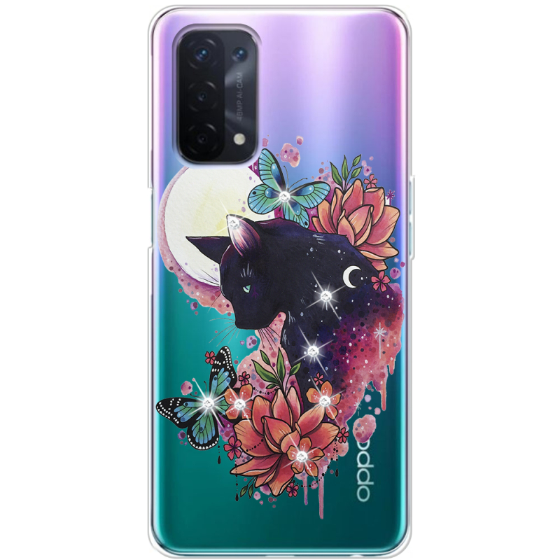 Чехол со стразами OPPO A74 5G Cat in Flowers