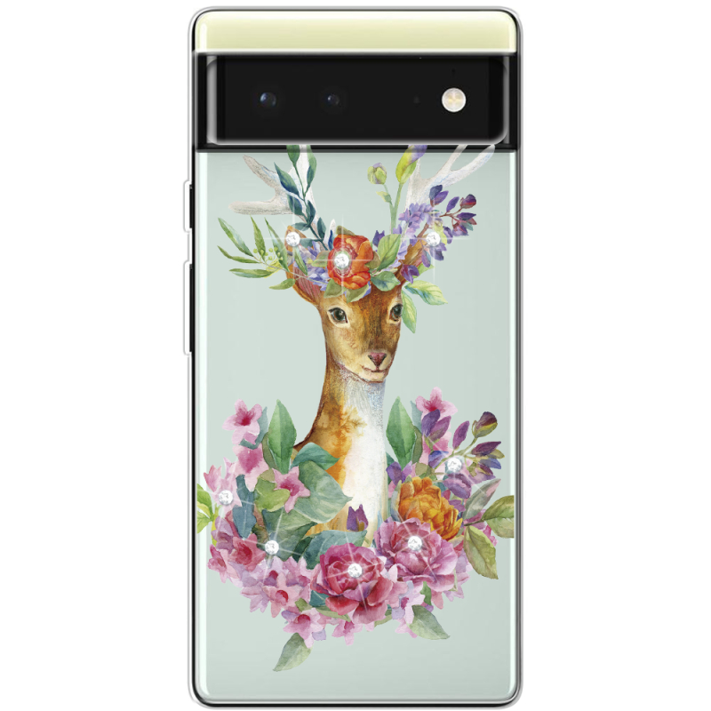 Чехол со стразами Google Pixel 6 Deer with flowers