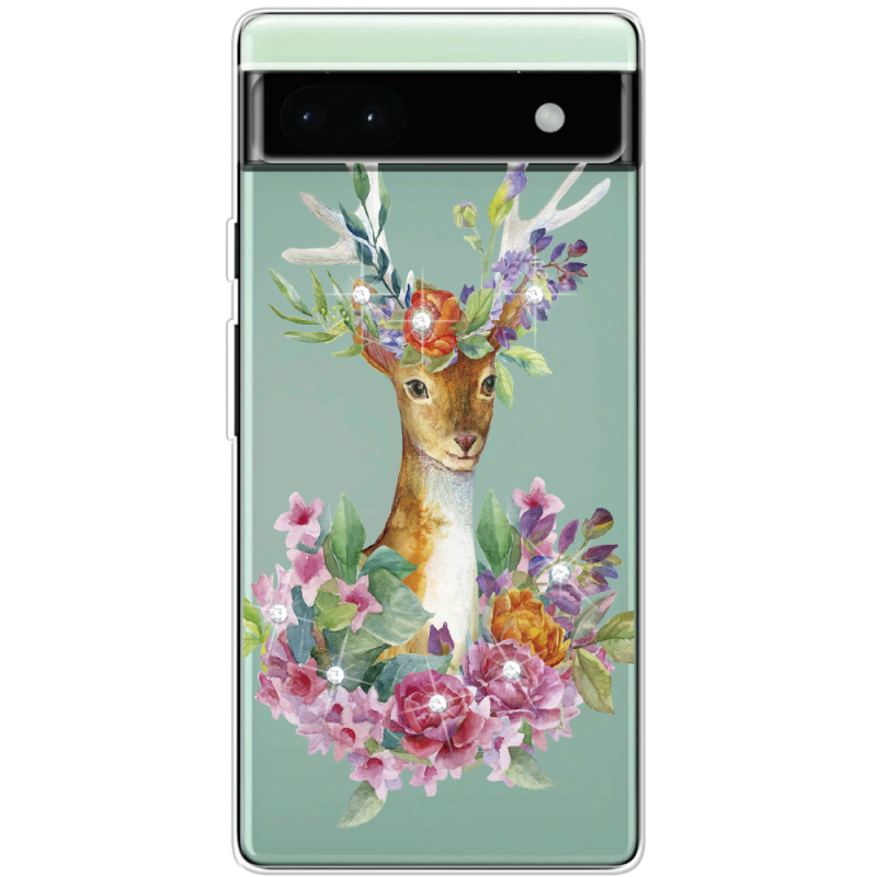 Чехол со стразами Google Pixel 6A Deer with flowers